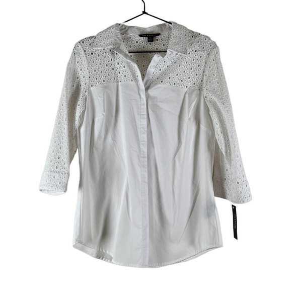 Zac & Rachel Womens Blouse White 3/4 Sleeve Collar Eyelet Lace Button Up S New - Picture 1 of 6